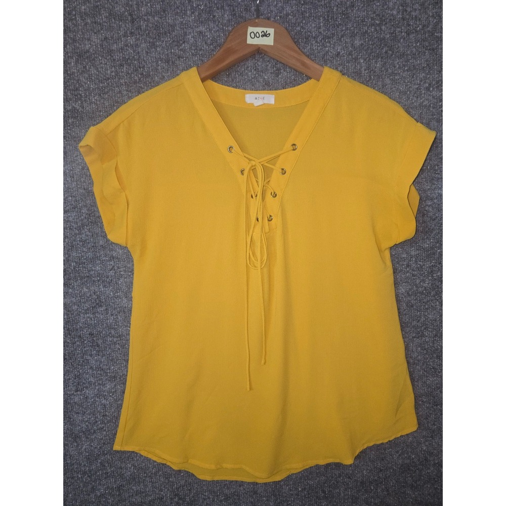 MINE Women Yellow Lace Up V-Neck Short Cuffed Sleeve Blouse Small